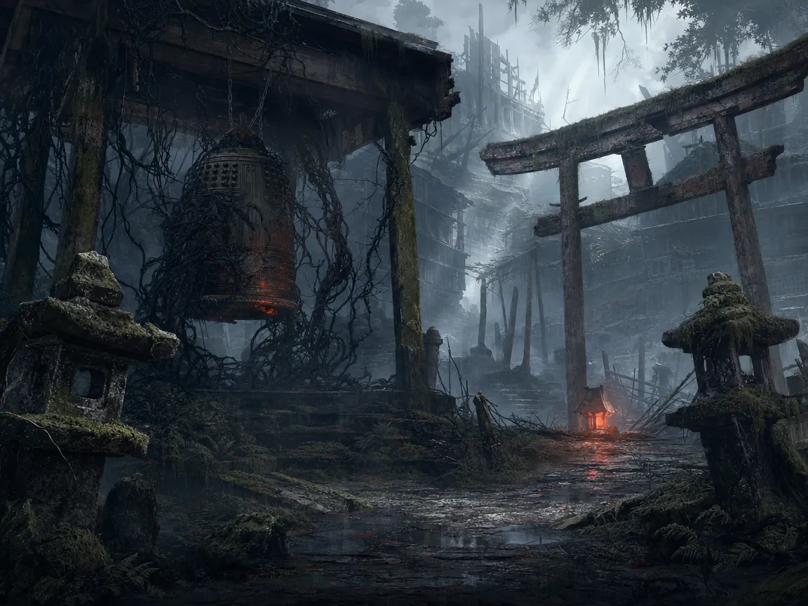 Overgrown shrine courtyard with broken stone lanterns swallowed by vines and ash light