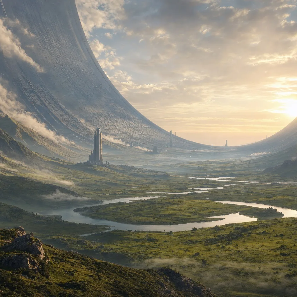 A vast ringworld landscape curving into the sky